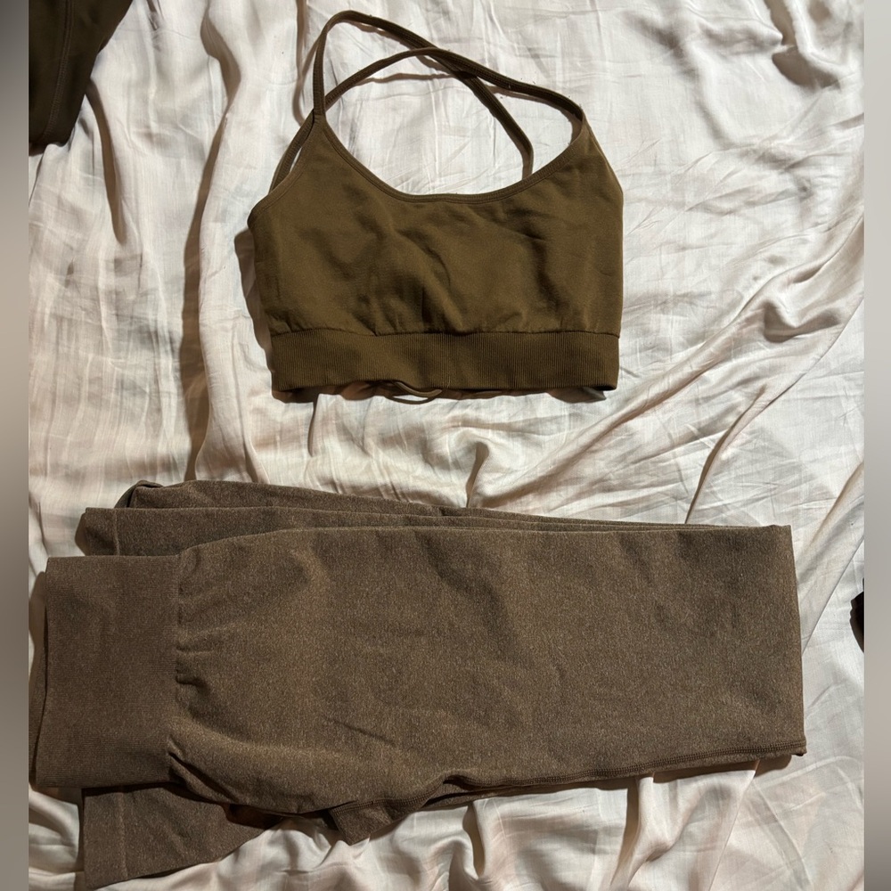 NVGTN Tan Sports Bra and Flare Leggings